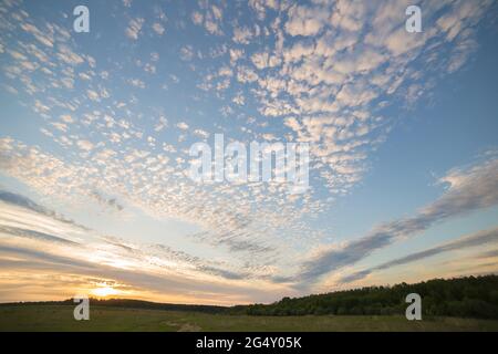 Beautiful blue sky at sunset with pink, cirrus clouds. Sky panorama for screensavers, postcards, calendar, presentations. Low point at wide angle. Warm spring or summer evening. Stock Photo