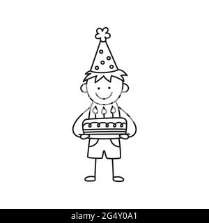 A kid holds a cake with candles at a birthday party. Boy in a festive hat on holiday. Hand drawn children drawing. Vector illustration isolated in Stock Vector