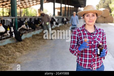 Veterinarian woman preparing give a shot to ill calf Stock Photo