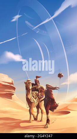 Science fiction vector illustration of a family is traveling in a desert for their pilgrimage with a view on the background of a futuristic massive st Stock Vector