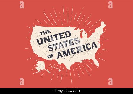 USA. Poster map of United States of America. Print map of USA for t-shirt, poster. Hand-drawn map in style with linear drawing light rays, sunburst and rays of sun. Vector Illustration Stock Vector