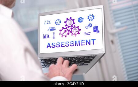 Assessment concept shown on a laptop used by a man Stock Photo
