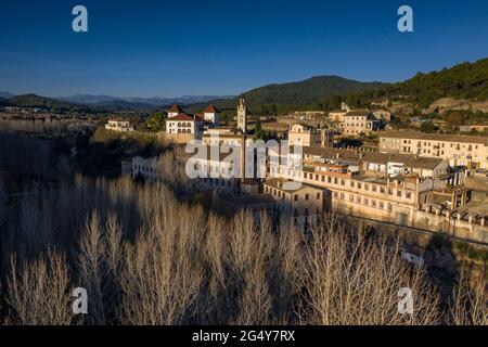 Aerial view of the textile company town of Palà de Torroella, in Navàs (Bages, Barcelona, Catalonia, Spain) ESP: Vista aérea de Palà de Torroella Stock Photo