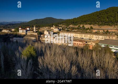 Aerial view of the textile company town of Palà de Torroella, in Navàs (Bages, Barcelona, Catalonia, Spain) ESP: Vista aérea de Palà de Torroella Stock Photo