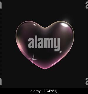 Realistic transparent pink vector soap bubble shaped as heart. Romantic glossy soapy heart. Valentine day symbol. Black background. Stock Vector
