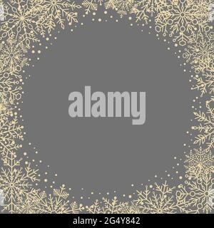 Winter vector frame with arabesques and snowflakes. Gray and golden greeting card. Pattern with snowflakes Stock Vector