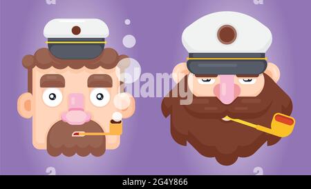 Set of two bearded ship captain or skipper with a pipe and peaked cap. Flat design smoking sailor vector illustration. Stock Vector