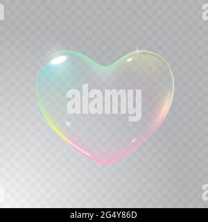 Realistic transparent multicolored rainbow vector soap bubble shaped as heart. Romantic glossy soapy heart. Valentine day symbol. Transparent Stock Vector