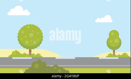 Straight empty road through the countryside. Desert hills, blue sky, bushes and trees. Flat Design Summer landscape vector illustration. Stock Vector