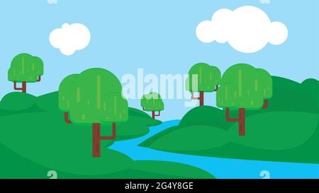 Cartoon flat panorama of spring summer beautiful nature, green grassland meadow with blue lake, mountains on horizon background. Stock Vector