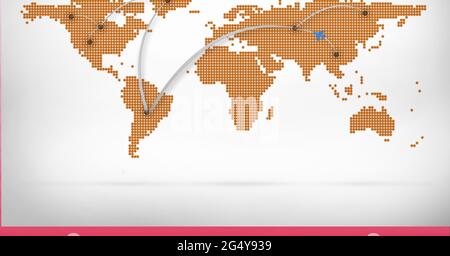 Network of light trails over world map against grey background Stock Photo