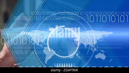 Binary coding over mid section of worker worker in server room against ...