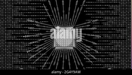 Binary coding data processing over a microprocessor chip against black background Stock Photo