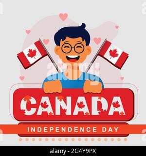 Illustration at grey background indicates that boy is very happy at celebrating independence day of Canada Stock Vector