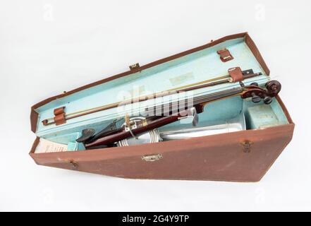 A Stroh violin or phonofiddle or stroviol musical recording instrument with bow and case on a white studio background Stock Photo