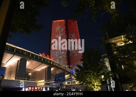 June 24, 2021, Beijing, Beijing, China: Recently, a grand ''light show'' was opened at many important nodes in Beijing to celebrate the 100th anniversary of the founding of the Communist Party of China.The places where the ''light show'' is opened include the North Canal, the sub-center of the city of Tongzhou District, No.1 Zhongguancun in Haidian District, the Badaling Great Wall in Yanqing District, and Yanqi Lake in Huairou District. The focus of this group of pictures is the grand ''light show'' of the Sinosteel Building in the core area of Zhongguancun. (Credit Image: © SIPA Asia via Z Stock Photo