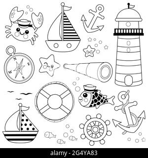 Set of sailor and nautical illustrations. Black and white coloring page Stock Photo