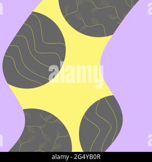 abstract background with purple yellow gray elements, twigs with leaves, circles and wavy lines Stock Vector