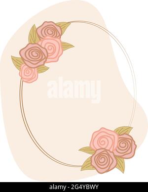 oval transparent frame with pink roses and gold leaves on the background of an abstract pink spot on a white background. flat style Stock Vector