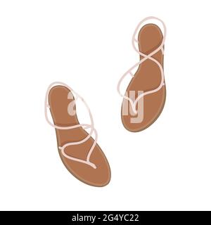 pair of women's brown sandals with white ropes on a white background. view from above Stock Vector