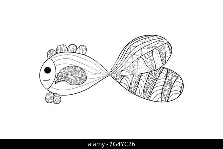 coloring page cute fish with doodle patterns with a big tail on a white background Stock Vector