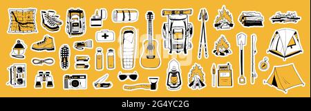 Sticker pack. Collection of camping stickers. Vector hand drawn illustrations bundle. Backpack boots tent sleeping bag compass map flashlight Stock Vector