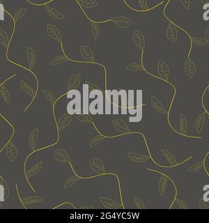 seamless pattern of yellow twigs with leaves on a gray background Stock Vector