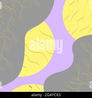 abstract background with floral elements. yellow circles with gray wavy lines, yellow twigs on gray spots on a lilac background Stock Vector