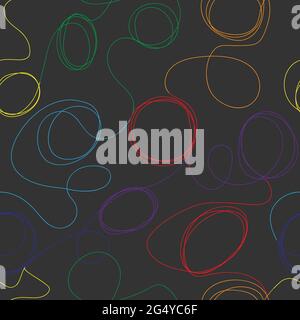 seamless pattern with curls and doodle rainbow flowers on dark gray background Stock Vector