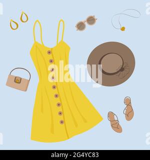 a set of summer clothes made from a yellow button-down sundress, a dark woven sun hat, sunglasses, brown sandals, a pair of gold earrings and a heart- Stock Vector