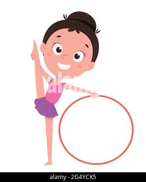 Cute little girl training with hula hoop. Funny cartoon character. Vector illustration on white background Stock Vector