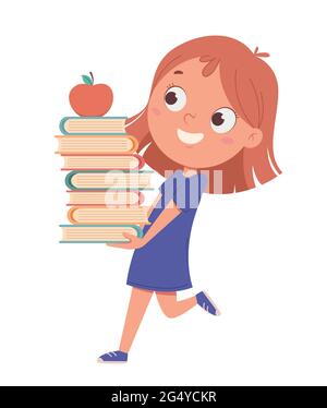 Cute little girl cartoon character holding books. Back to school concept. Funny cartoon character. Vector illustration on white background Stock Vector