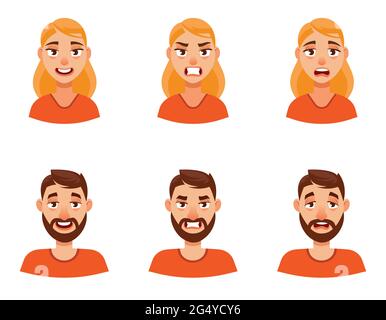 Man and woman with different emotions. Male and female portraits in cartoon style. Stock Vector