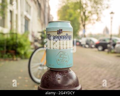AMSTERDAM - OCTOBER 4: Hoegaarden beer can with blurring city scene background of Amsterdam, Netherlands, under natural evening light, on October 4, 2 Stock Photo