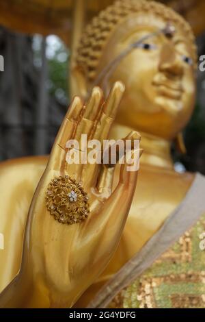 Hand of Buddha's statue giving blessing, with some jewelery and blurred head Stock Photo