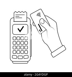 Line drawing contactless payment. Credit card. POS terminals NFC technology. Vector Stock Vector