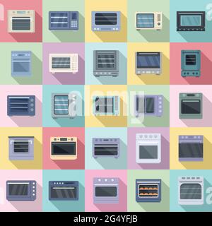 Convection oven icons set, flat style Stock Vector