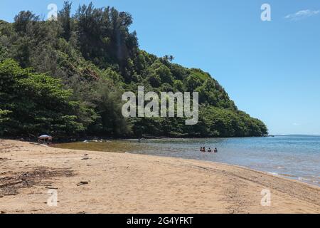 PRINCEVILLE, HAWAII, UNITED STATES - Jun 03, 2021: A scene at Wyllie's Beach, a hidden and hard to access beach on the north shore of Kauai. Stock Photo