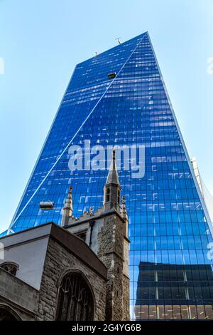 Exterior of the Scalpel Building on Lime Street with St Andrew Undershaft Church at front in the City of London, UK Stock Photo