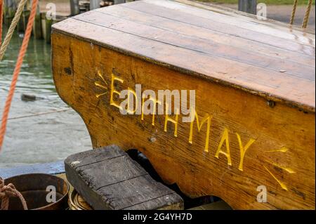 The stern of 'Edith May' historic sailing barge at Lower Halstow before a trip in Thames estuary, Kent, England. Stock Photo