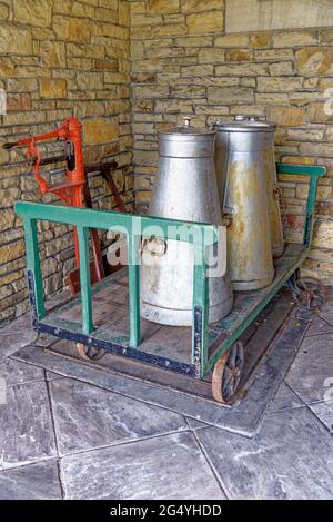 Vintage retro luggage on an antique railway station trolley - Rowlew Train Station - Beamish Village, Durham County, England, United Kingdom, 12th of Stock Photo