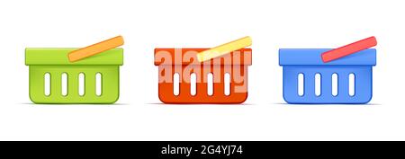Shopping basket 3d vector icon set illustration, side view with colorful handles Stock Vector