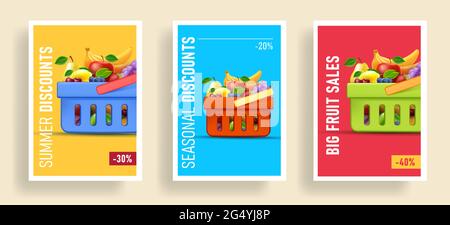 Super market posters with shopping basket full of fruits and beries, set of braight trendy layout poster or banner templates Stock Vector