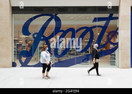 Edinburgh, Scotland, UK. 24 June 2021. First images of the new St James Quarter which opened this morning in Edinburgh. The large retail and residential complex replaced the St James Centre which occupied the site for many years. Pic; New Boots store inside mall. Iain Masterton/Alamy Live News Stock Photo