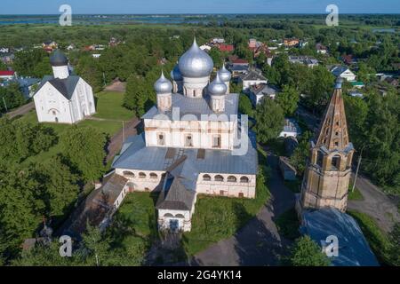 Ancient Znamensky Cathedral on the June afternoon (aerial photography). Veliky Novgorod, Russia