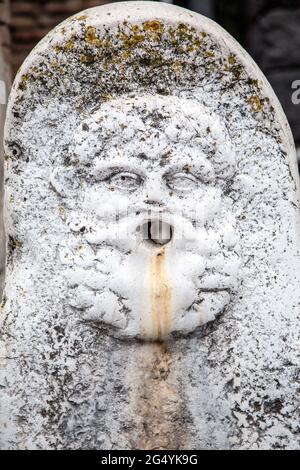 Detail of carved face relief on a horse trough and drinking fountain at the archeological site of the Ancient City of Herculaneum, Campania, Italy Stock Photo
