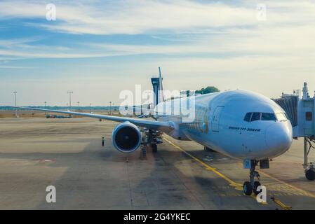 COLOMBO - FEBRUARY 24, 2020: Emirates Airlines Boeing 777-300 (A4O-BT) aircraft on the apron of Bandaranaike airport in the early morning. Stock Photo