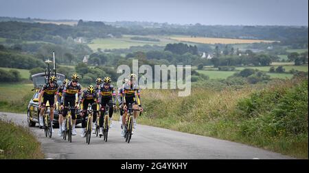 Team Jumbo-Visma riders pictured during a training session ahead of the 108th edition of the Tour de France cycling race, in Brest, France, Thursday 2 Stock Photo