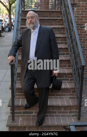 Posed portrait of a man from the Satmar Hasidic group. In Williamsburg, Brooklyn, New York City. Stock Photo
