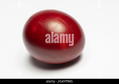 Classic easter egg painted with onion peel close-up on a white background Stock Photo